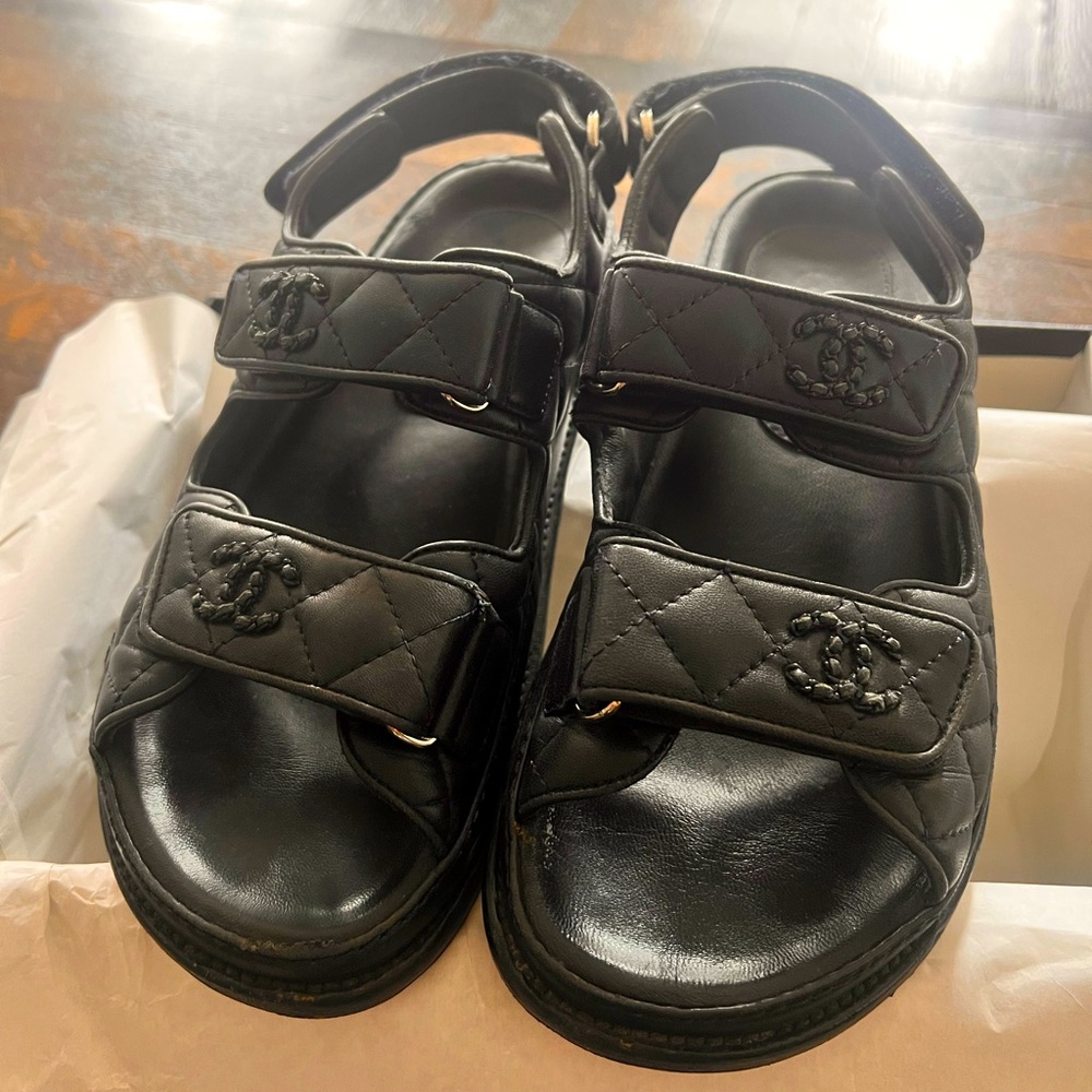 CHANEL SANDALS DAD VELCRO SIZE 37 NAVY COMES WITH BOX AND DUST BAGS